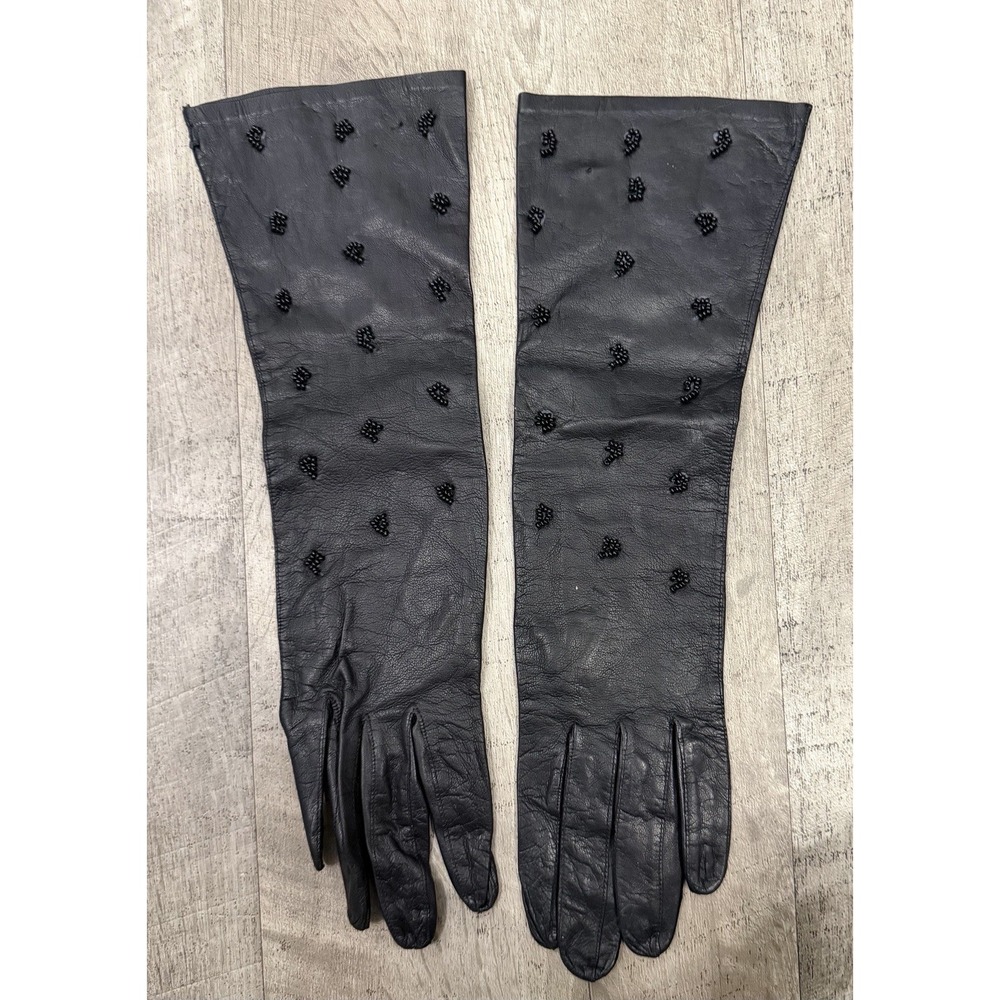 Vtg Leather Black Long Gloves Size 6 & 3/4 Made in Italy Beaded Beads